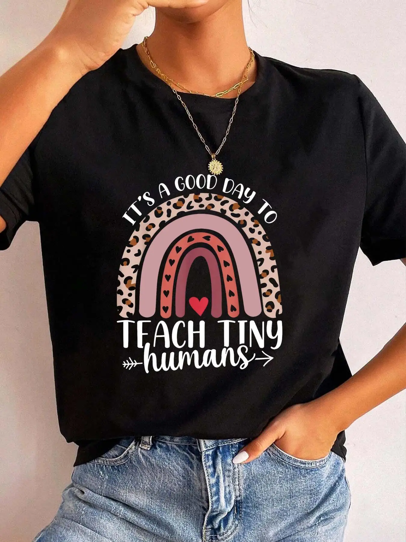 Women Black Good Day Teach Tiny Humans Graphic Tee Casual Crew Neck Short Sleeve Round Neck Alphabet Design Comfort Ladies Top
