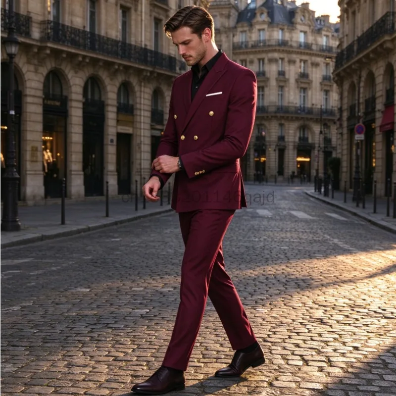 Men's Formal Suit, Wine Gold Buckle Suit, Evening Performance Costume, Host Singer's Annual Meeting Costume