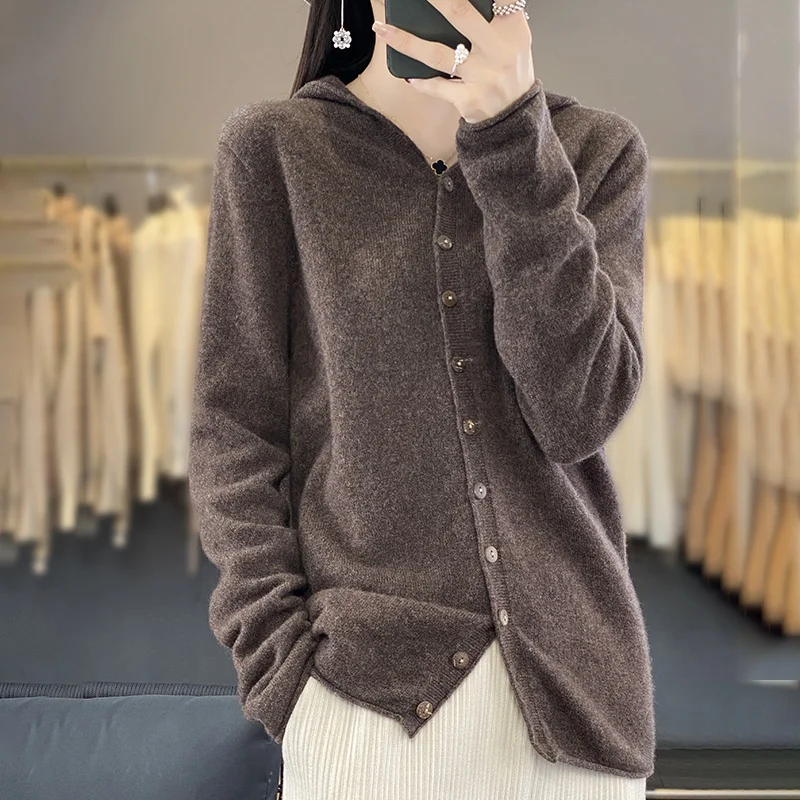 Autumn/Winter Hooded Cardigan Women\'s 100% Merino Wool Long-sleeved Knitwear Soft Sweater Women\'s Clothing Solid Color Top