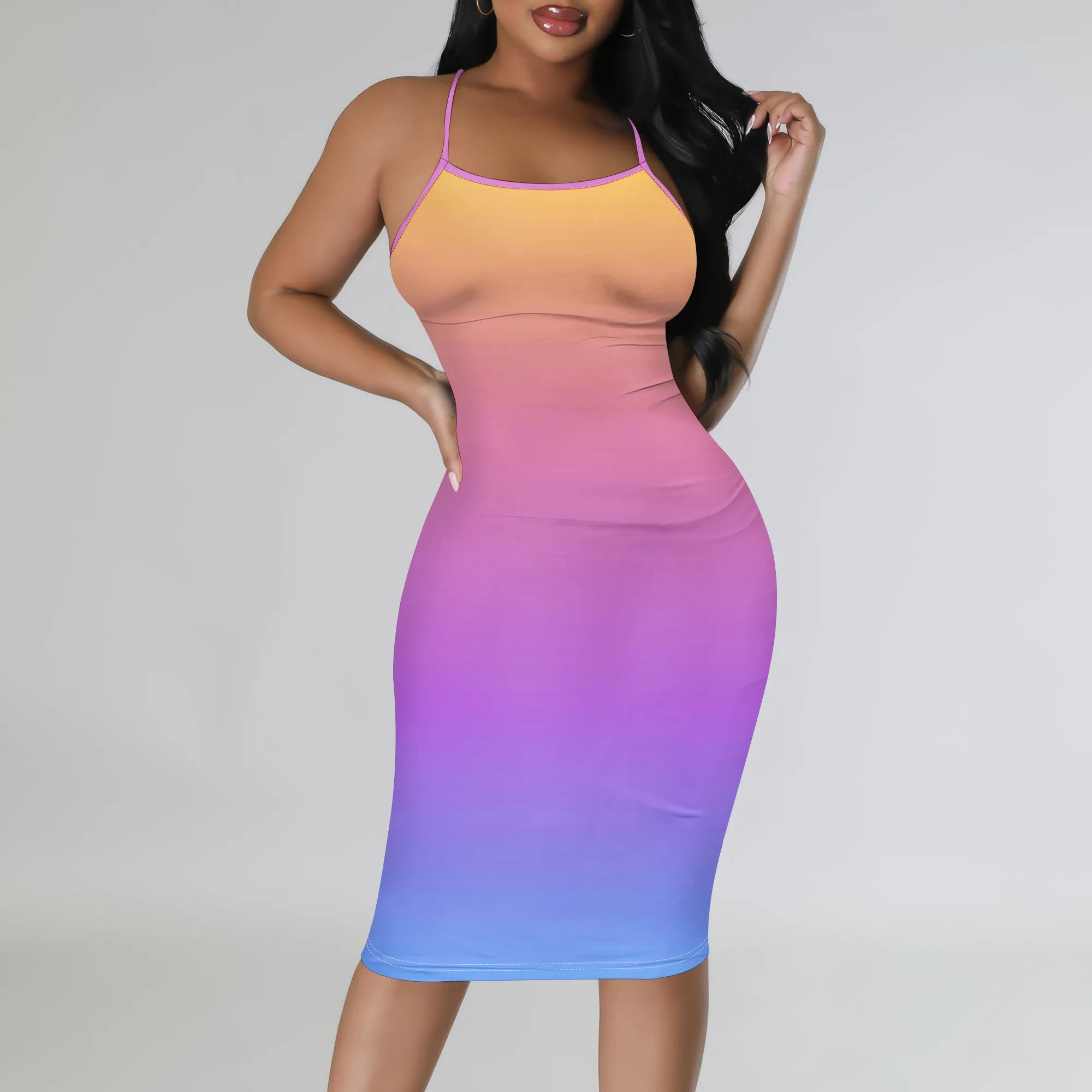 

Women's Summer Boho Spaghetti Straps Bodycon Midi Dress Sexy Stretchy Ombre Print for Home Work Shopping Vacation