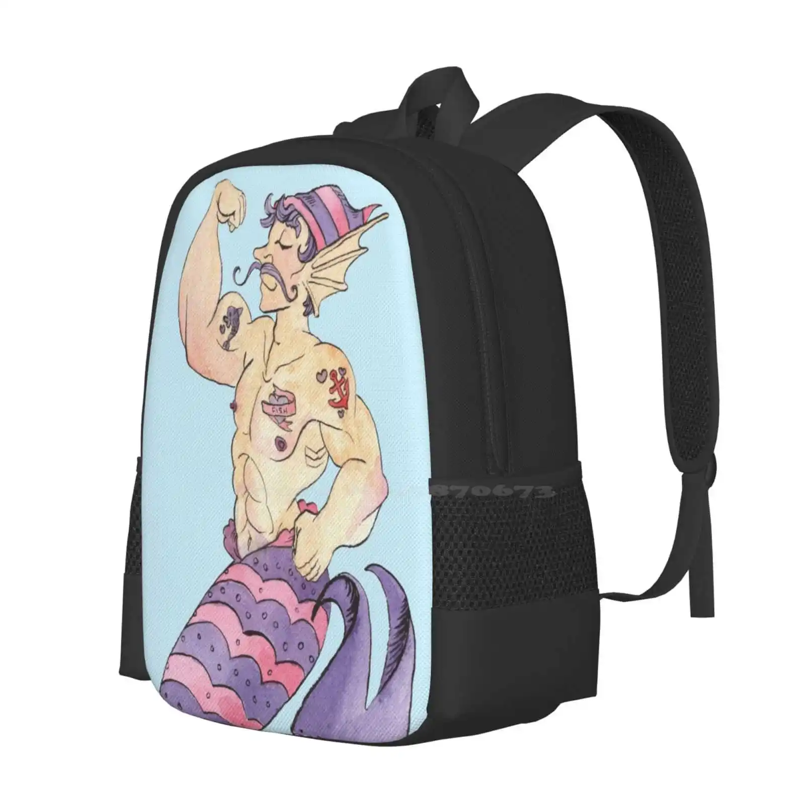 Mermay Sailor Merman With Tattoos Watercolor Fashion Pattern Design Travel Laptop School Backpack Bag Mermay Merman Merfolk