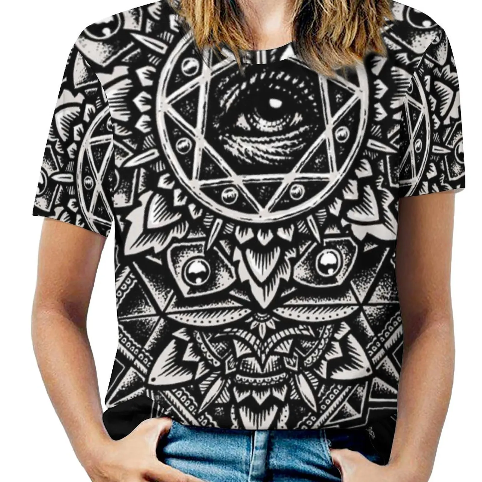 Eye Of God Flower Mandala Woman'S T-Shirt Spring And Summer Printed T Shirts Crew Neck Pullover Top Sacred Geometry Occult