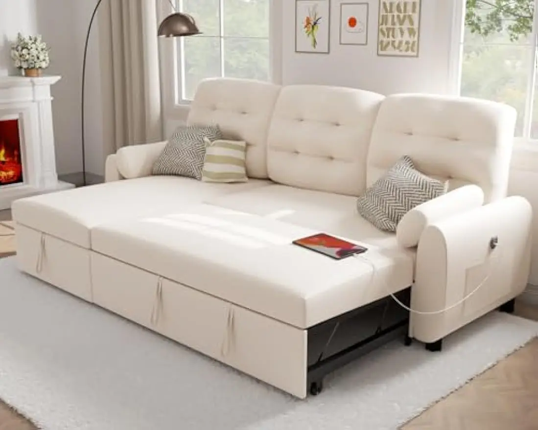 

Sectional Sofa Couch 87" Sleeper Sofa Bed with Reversible Storage Chaise Pull Out Couch for Living Room Side Pocket