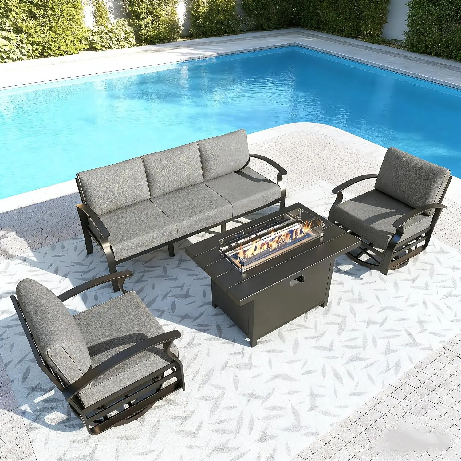 Aluminum Patio Set Fire Pit 2 Swivel Chairs Waterproof 5.1'' Cushions Oversized Outdoor Sectional Garden Balcony, Customized