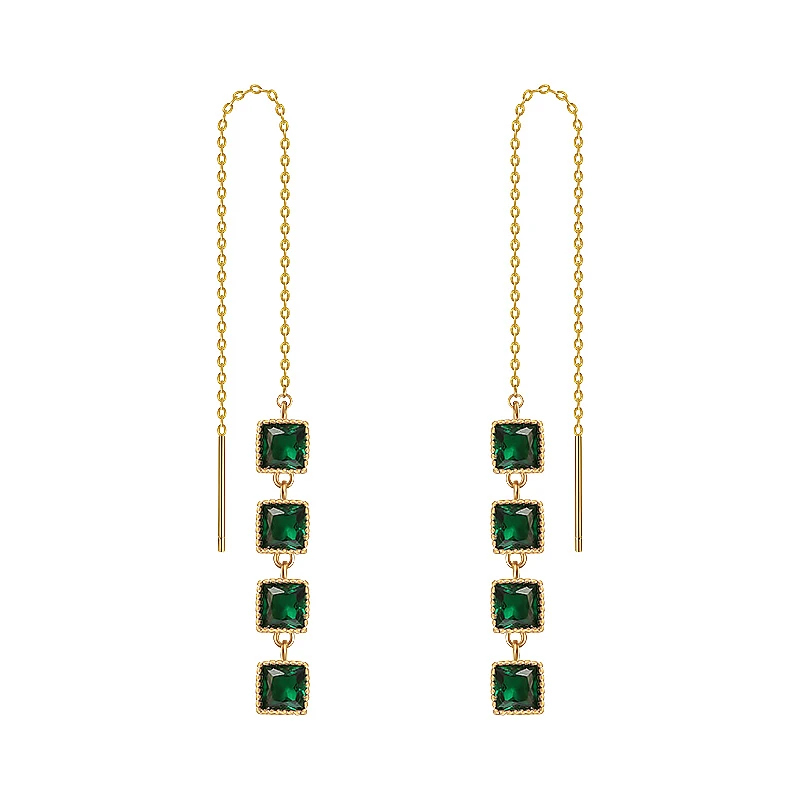 Boucles d'oreilles carrées en Zircon vert pour femmes et filles, magnifique ligne d'oreille à pampilles, bijoux coréens, tendance, couleur or, personnalité