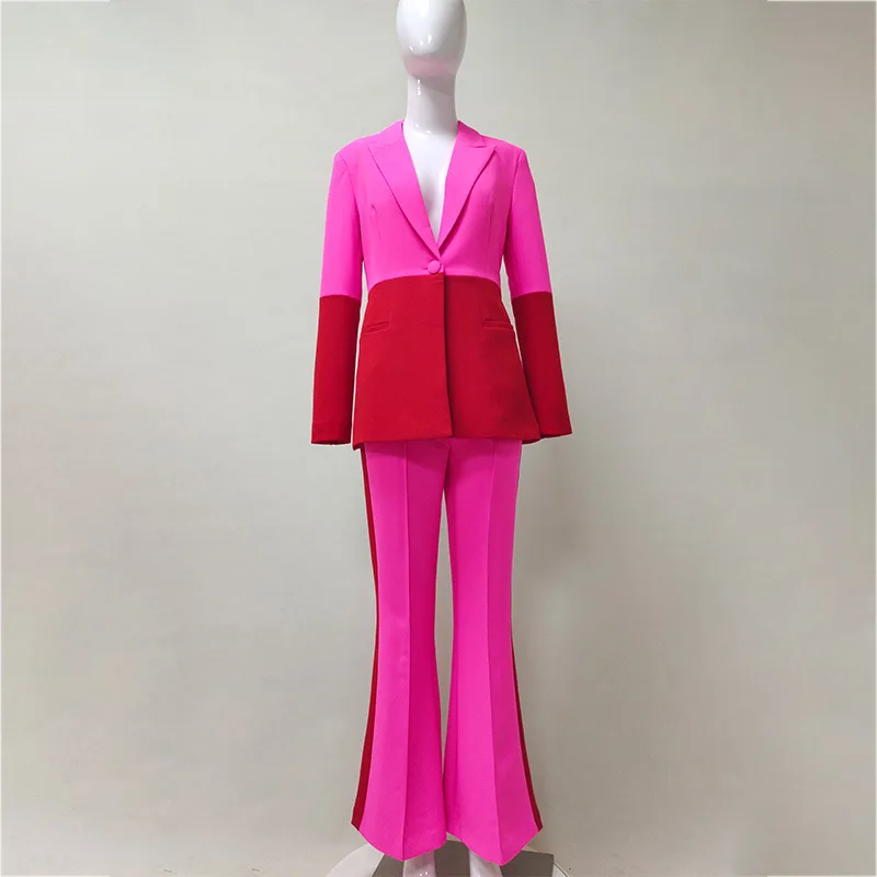 HKSH Women Two Pieces Set Color Block Single Button Slim Fit Blazer Flared Pants Elegant Fashion Office Lady Suit Spring HK22198