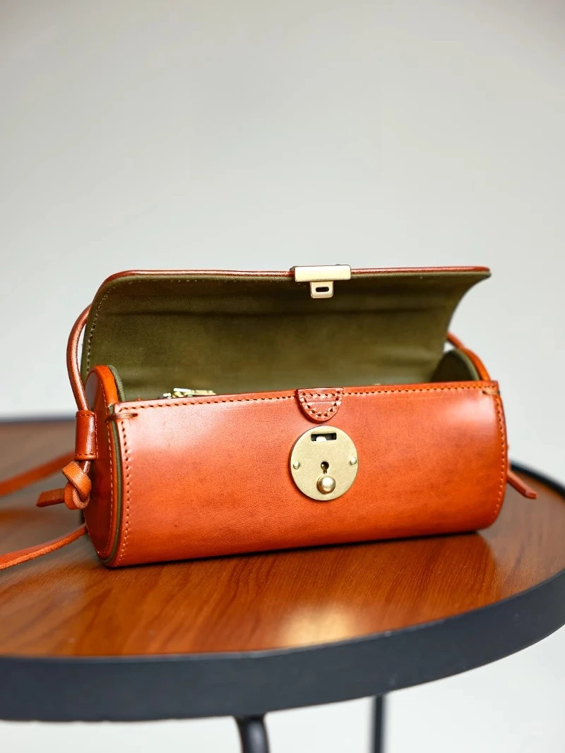 Handmade leather messenger bag for women, vintage style handcrafted leather cylindrical bag pillow bag cross body