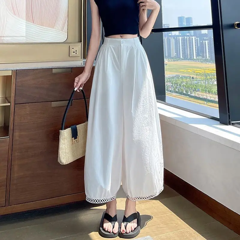 

Yellow Ice Silk Hollow Lace Bloomers Women Summer High Waist Loose Suit Casual Wide-leg Nine-point Pants