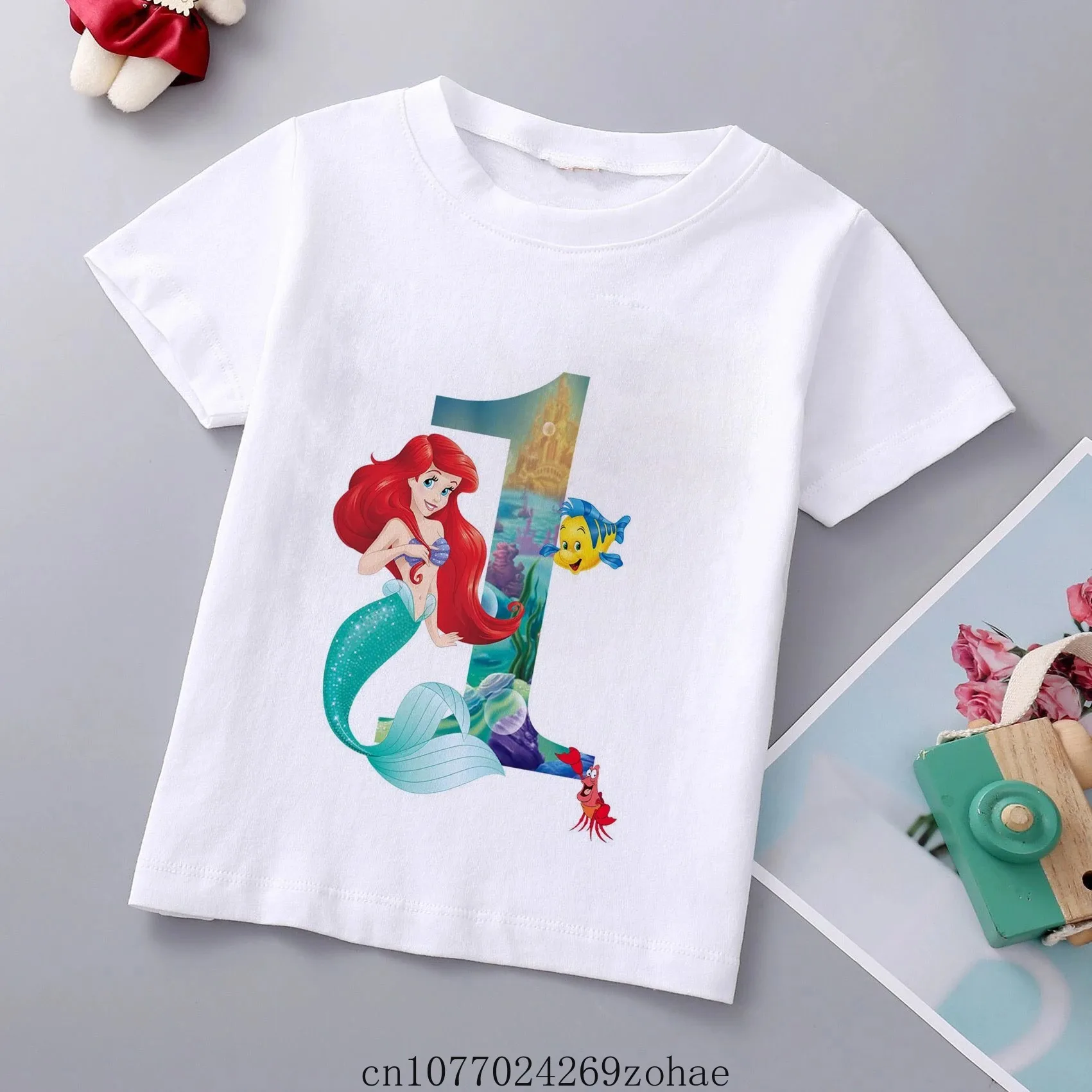 Disney New Brand Girls Mermaid Princess Print T Shirt Ariel Princess Tee Clothes Children Cartoon Top1-9Years Kids Birthday Wear