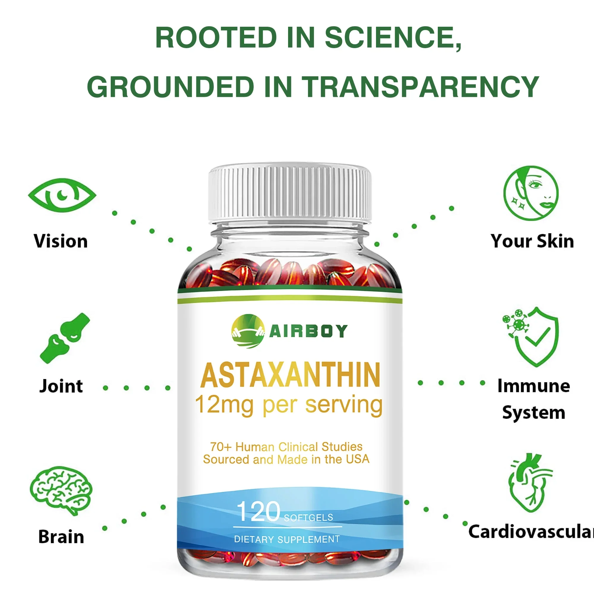 Astaxantina 12mg - Saúde dos olhos, da pele e intestinal, antienvelhecimento, antioxidante