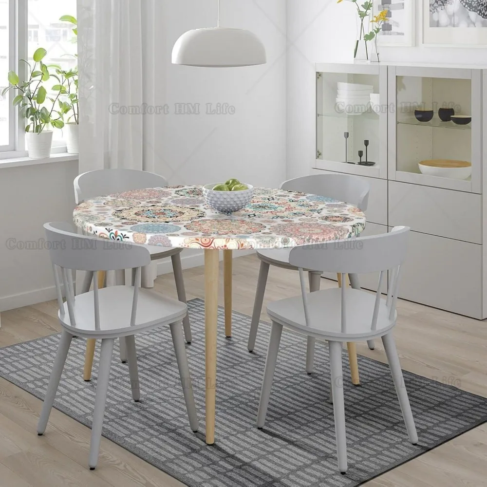 Elastic Edged Round Bohemian Fitted Table Cloth Cover Home Decorative Tablecloth for Indoor Outdoor Kitchen Party Fits 40\