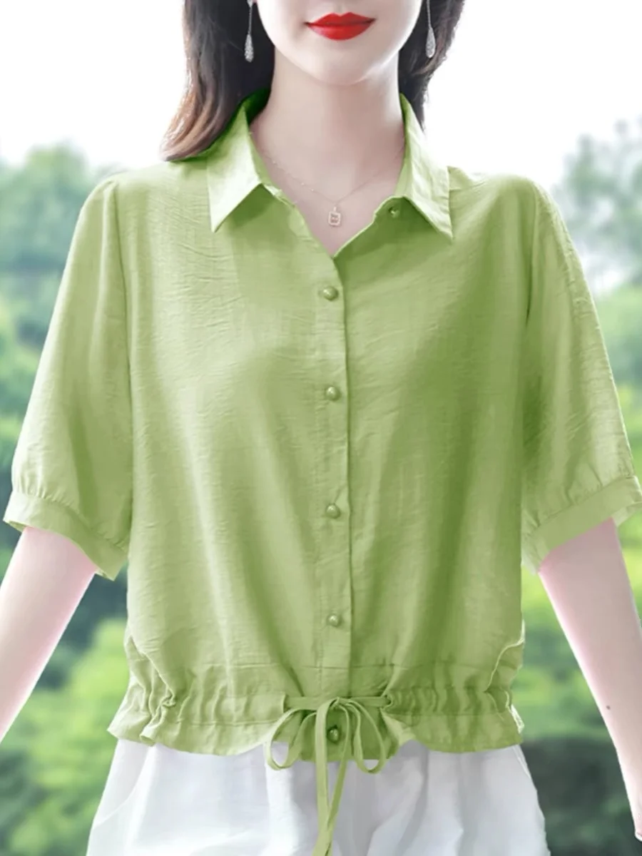 

Cotton Linen Women's ort Sve irt Summer New Sle Faionable Belly Covering Sli Top Button Design Korean Loose Fit