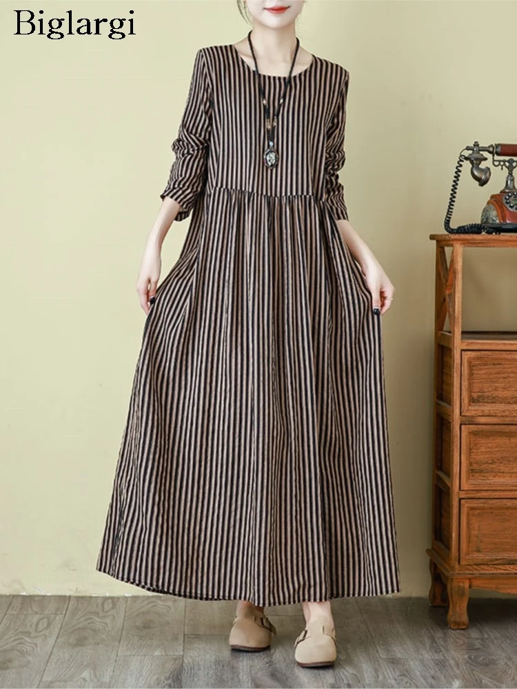 

Oversized Striped Print Spring Long Sleeve Dress Women Ruffle Pleated Loose Fashion Ladies Dresses Casual Woman A-Line Dress