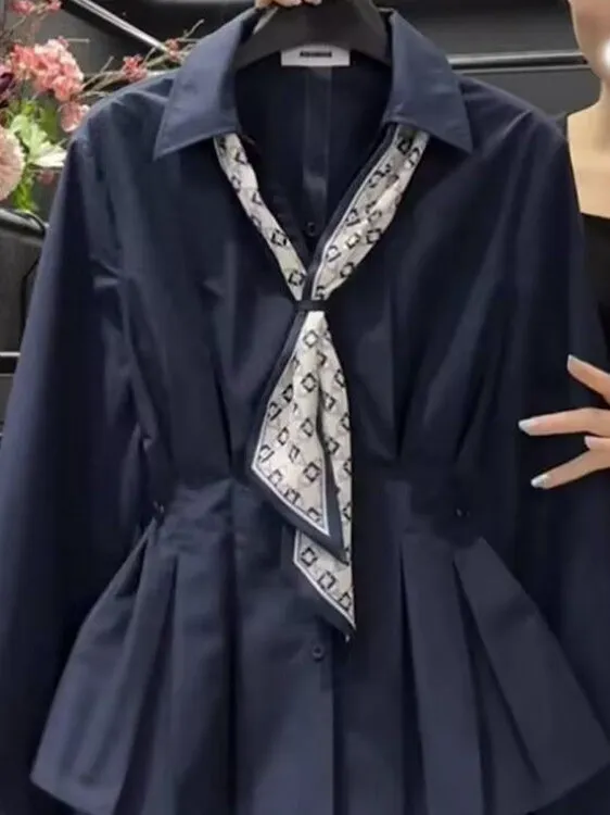 

Ele Long Sve Slim Fit Women's irt with Sa Casual Sle Button Detail Regular Thin Pure Color Spring Autumn Top