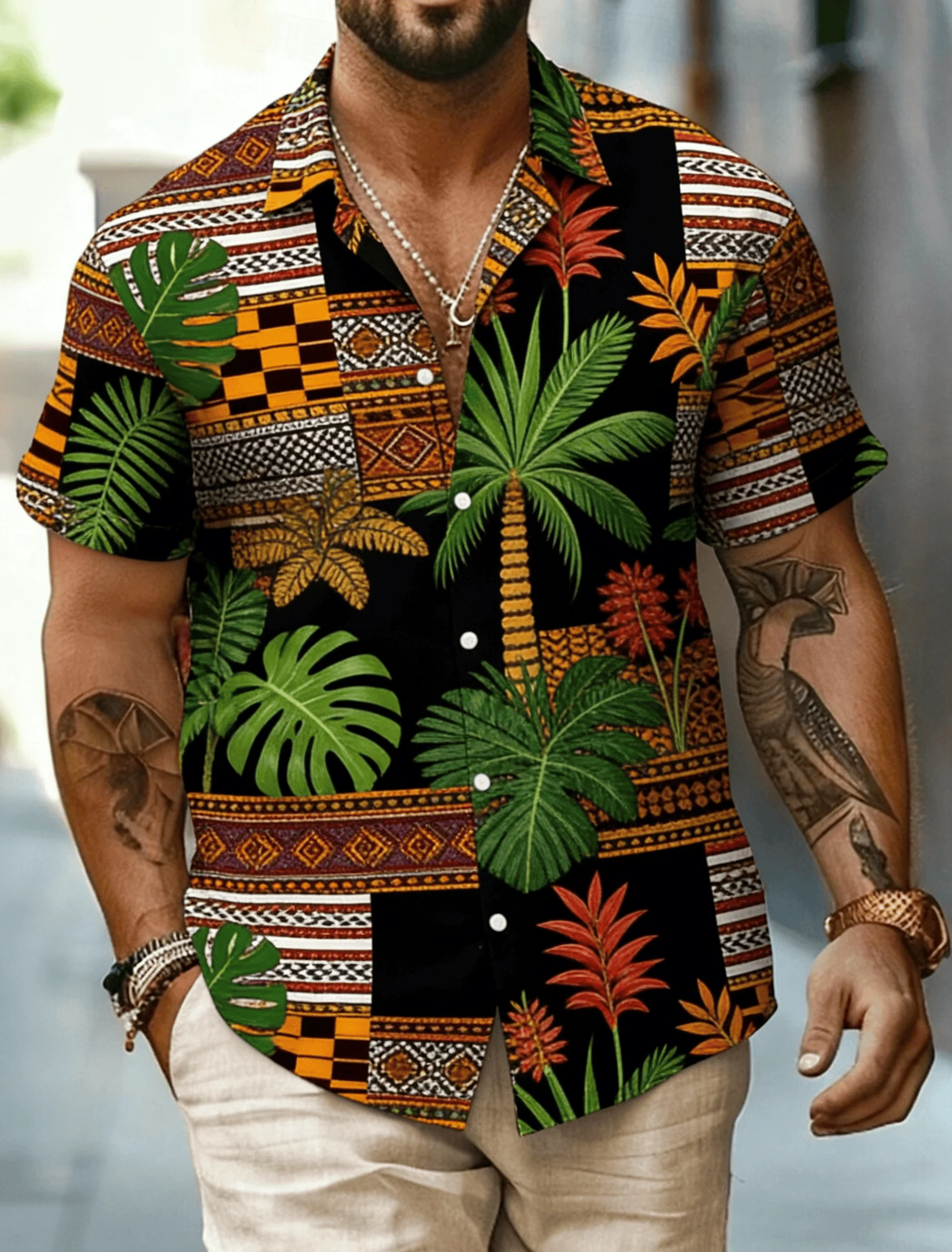 Men's African Tribal Print Short Sleeve Shirt, Geometric Ethnic Pattern Turn-Down Collar Top, Spring Summer Casual Daily Wear