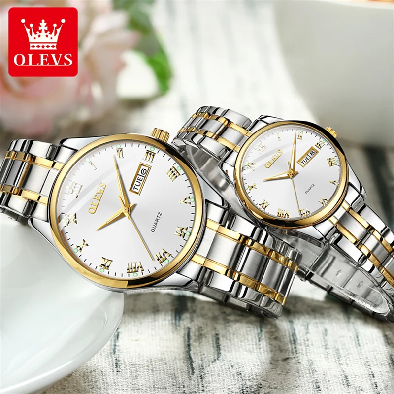 OLEVS 2024 nueva moda pareja reloj de cuarzo para hombres y mujeres de lujo de acero inoxidable impermeable calendario semanal reloj de pulsera para amantes