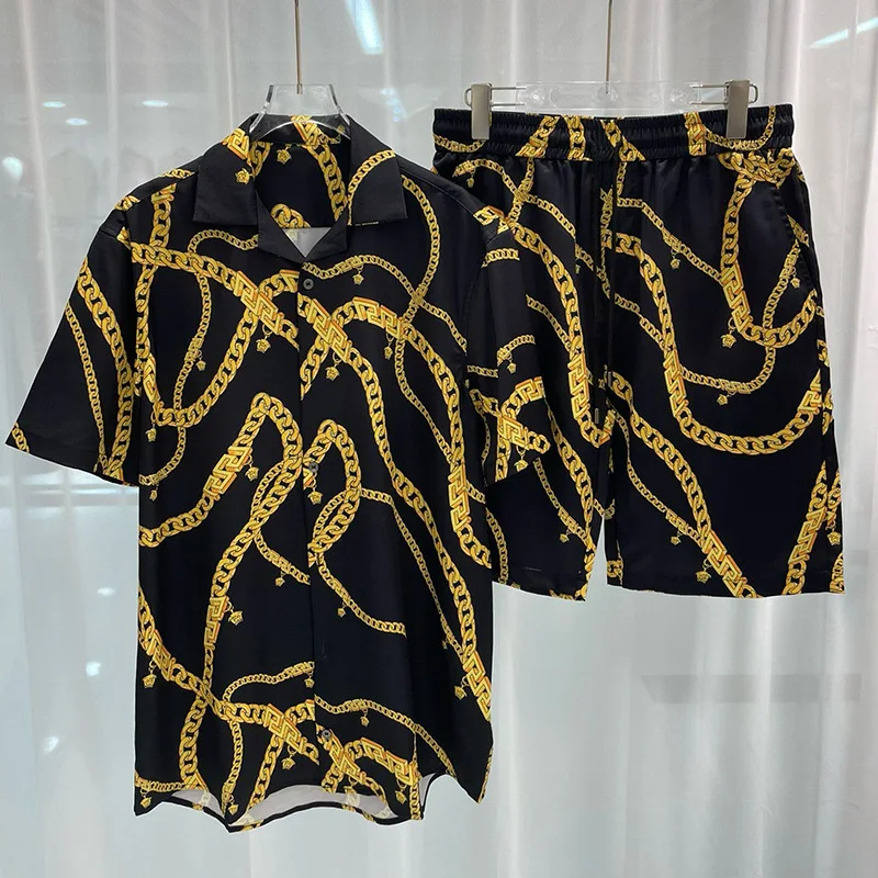 Luxury Men's Social Hawaiian Shirt Sets Fashion Lapel Short Sleeve Top Shorts 2 Piece Outfit Casual Loose Men Suit Clothing