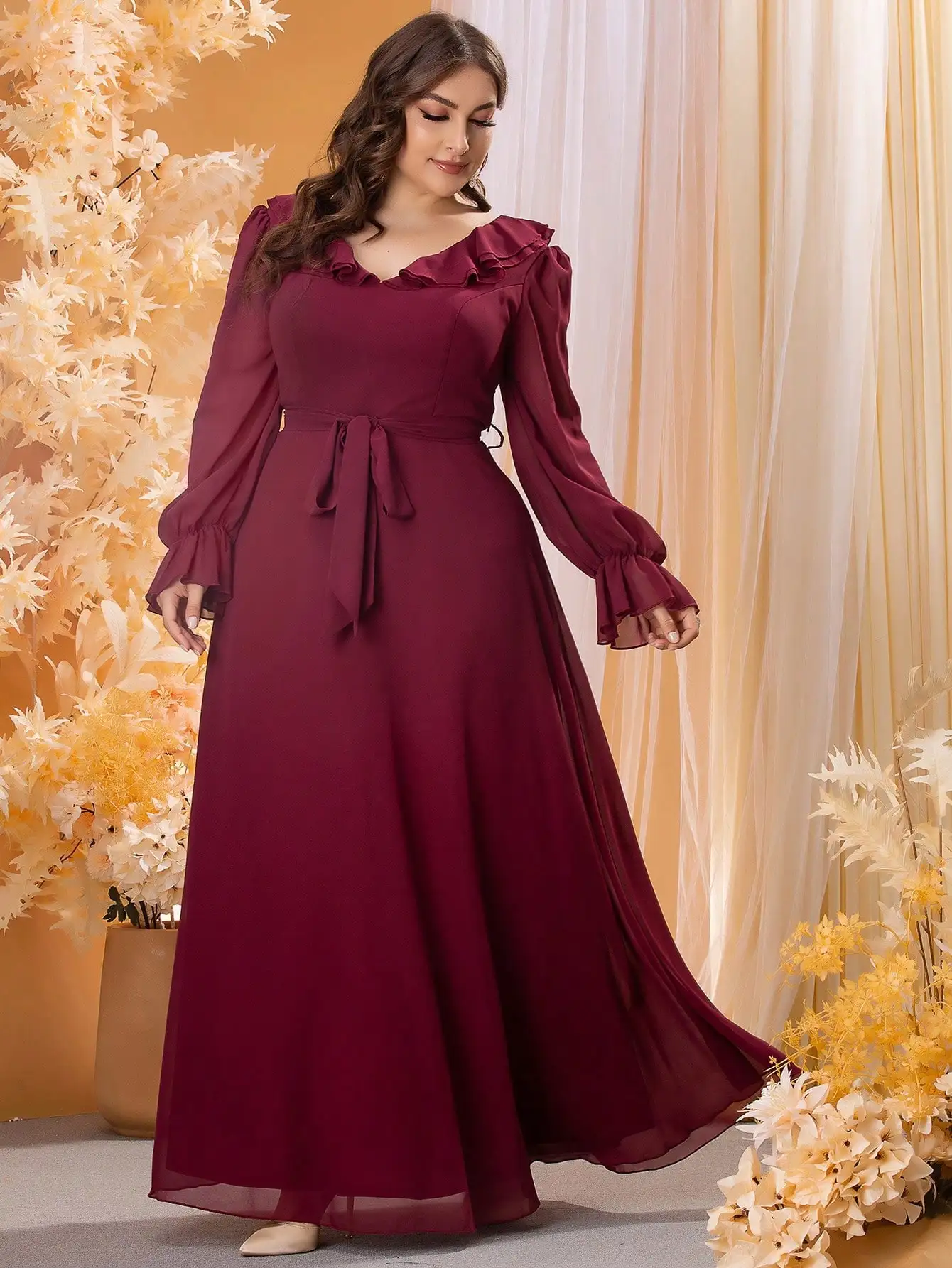 Mgiacy Plus-size V-neck ruffled long sleeve chiffon full skirt Evening ball dress Party dress