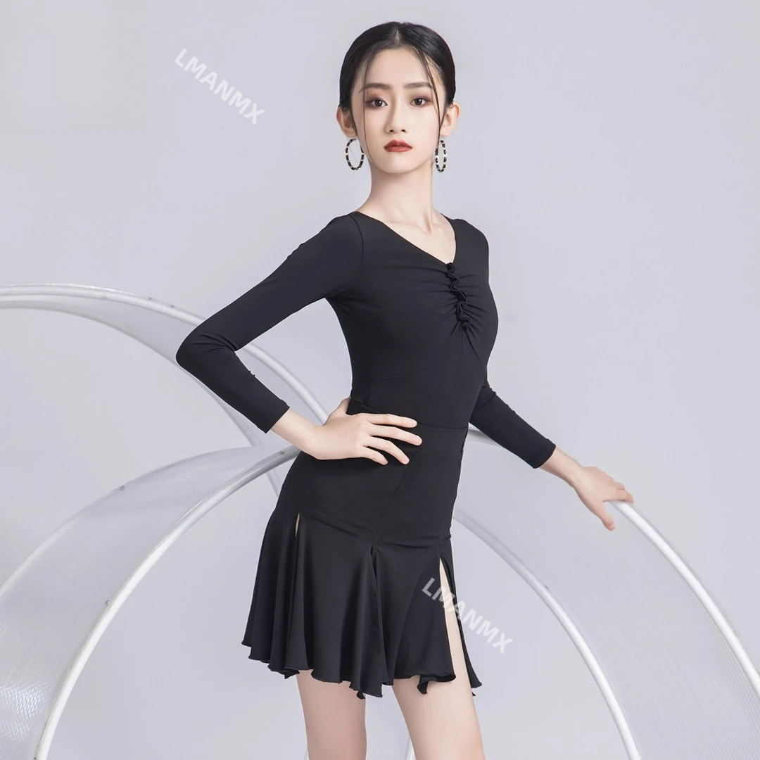 2025 Primavera/Novedad de verano vestido de baile latino vestido de práctica para niñas conjunto dividido de manga larga vestido de baile de gama alta