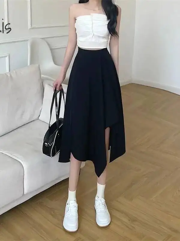 Black Irregular Skirt Women Spring Summer High Waist Thin Mid-length Umbrella Skirts Plus Size Bottoms Vintage Y2k Clothes A51A