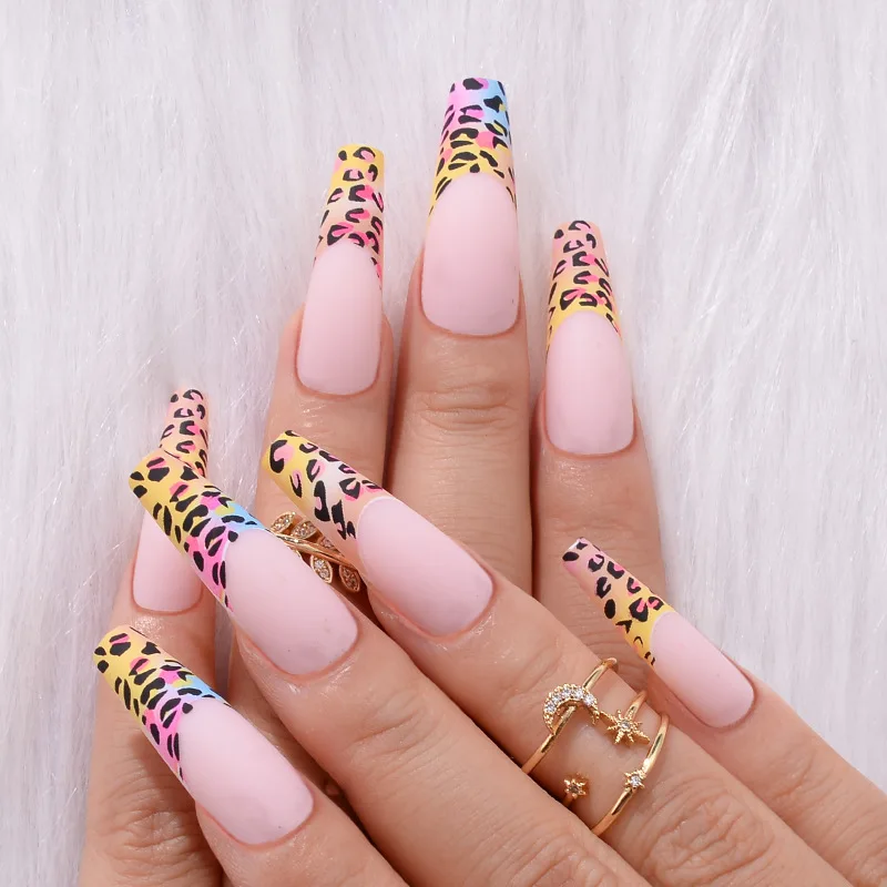 24Pcs/Box Packaging Coffin Long Ballet Leopard Print False Nails French Ballerina Full Cover Tips Arts Press On Fake Nails