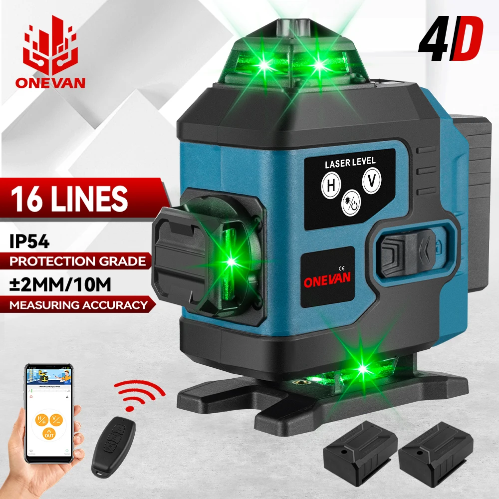 Niveau laser ONEVAN 16 lignes 4D auto-nivelant 360° horizontal et vertical, faisceau laser vert super puissant