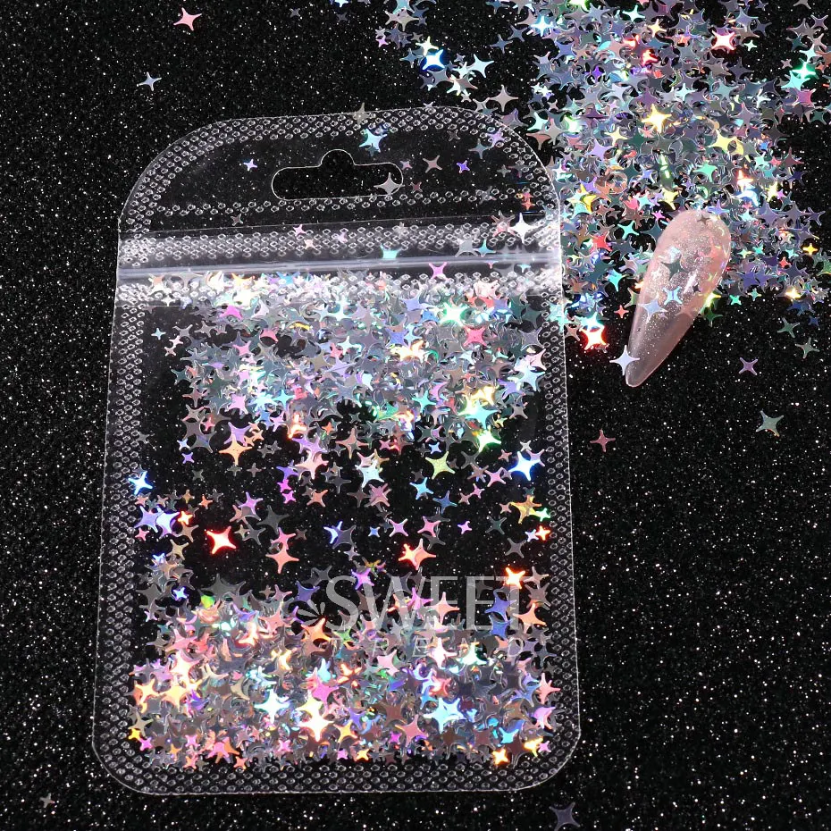 Holographic Star Four-pointed Star Nail Paillettes Sparkly Laser Design Sequin Charm Glitter Flake Shinning Manicure Decor Slice