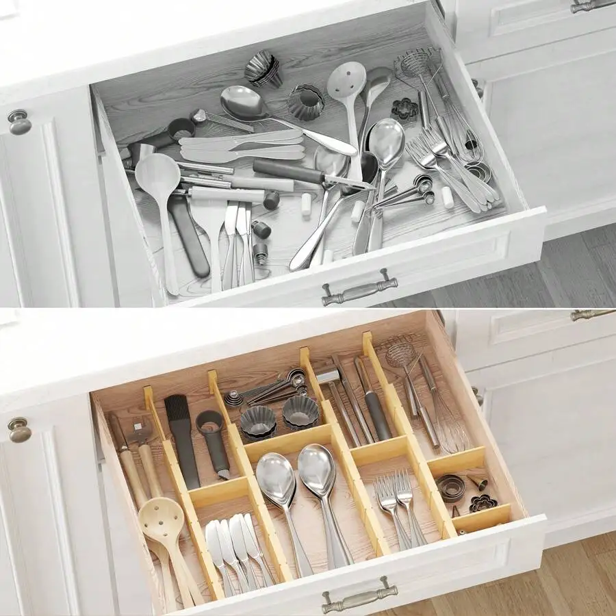 Bamboo Drawer Separators With Inserts And Labels, Kitchen Adjustable Drawer Organizers, Expandable Organization For Home And Office, Dresser Dividers With 9 Inserts (17-22 In) Back To School Dormitory Storage view 5