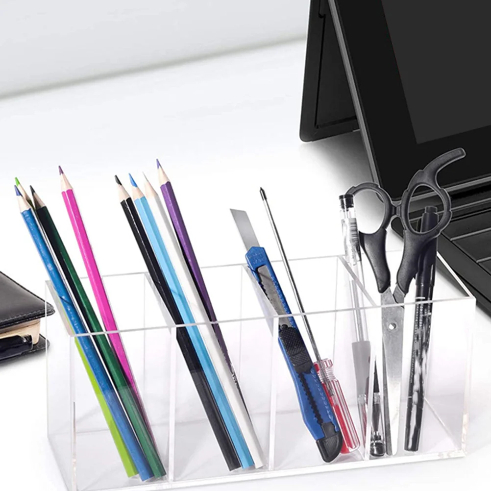 Brush Organizer Bag Pen Holder for Desk Four Grid Storage Tube Students Stationery Makeup Desktop Transparent Acrylic