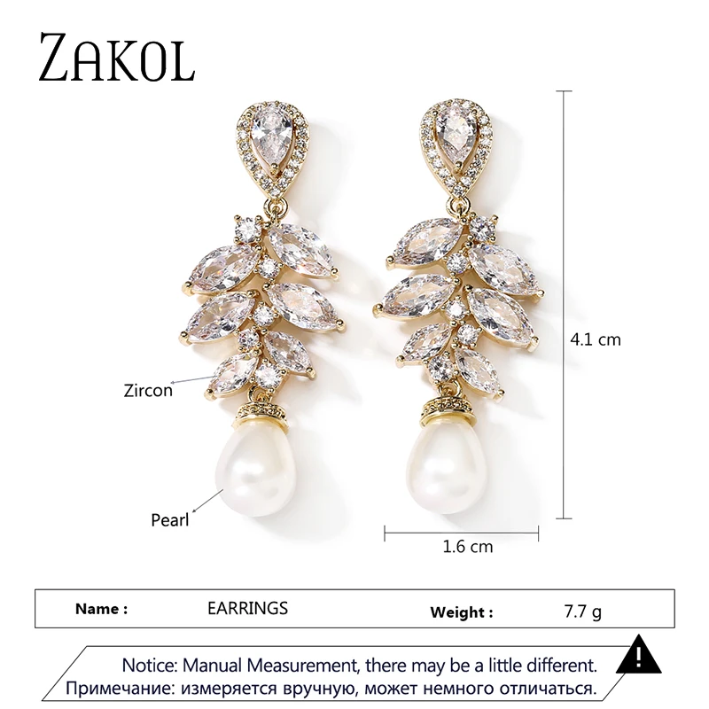 ZAKOL Elegant Cubic Zirconia Leaf Dangle Earrings for Women Luxury Imitation Pearls Bridal Earring Wedding Jewelry