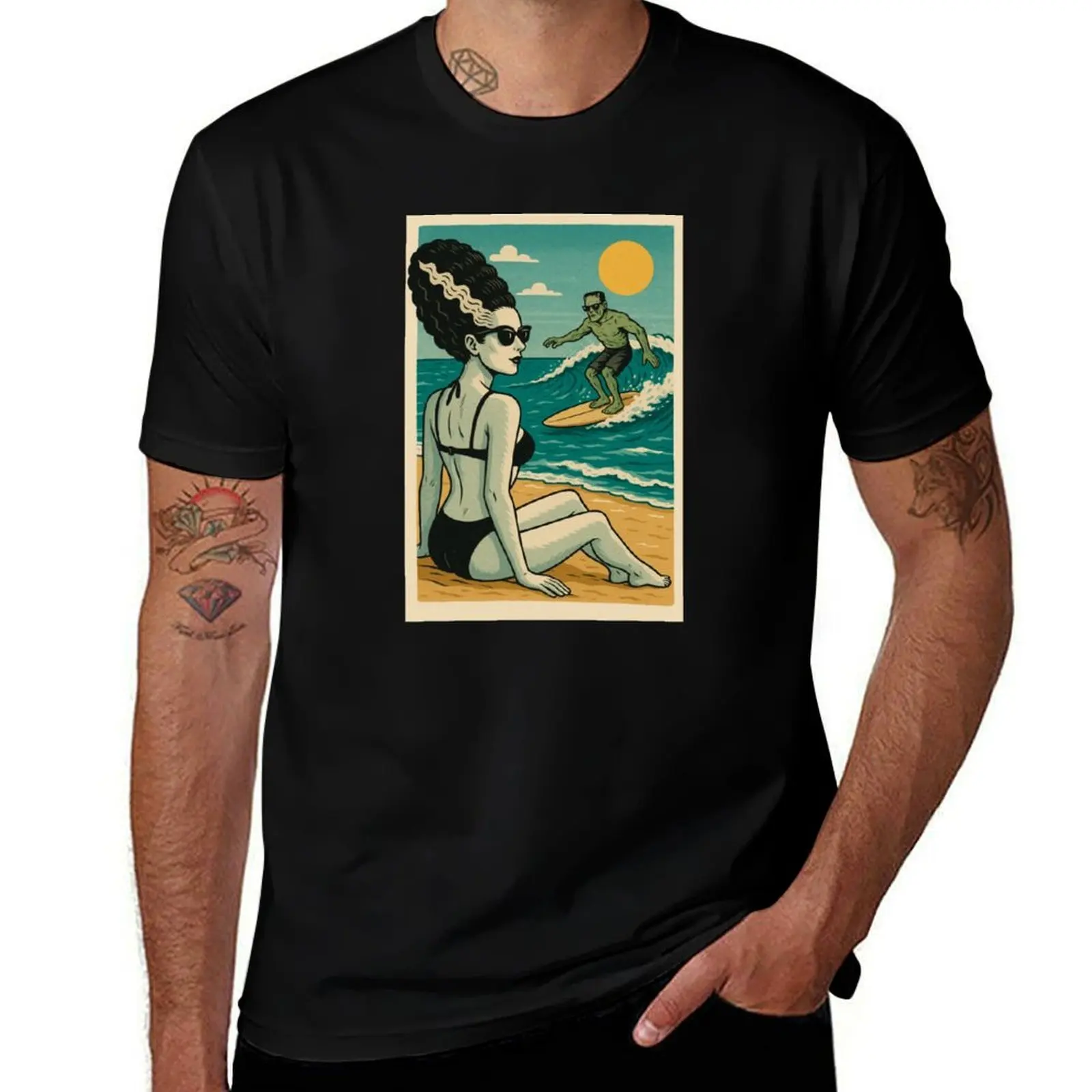 

Monster Beach Vibes – Bride & Frankenstein Surf Art Tee T-Shirt animal prinfor boys vintage t shirts men clothing