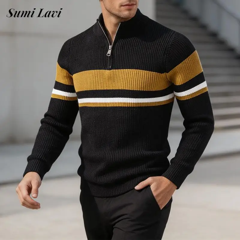 2026 Fall Warm Knit Pullover Men Stylish Striped Long Sleeve Polo-shirts Daily Casual Stand Collar Contrast Color Knitted Tops