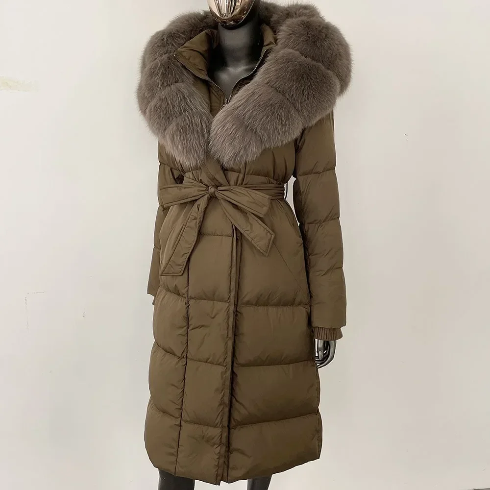 Jaket Puffer Panjang Wanita Musim Dingin Baru dengan Tudung, Jaket Bulu Angsa Putih Hangat, Mantel Bulu Rubah Asli Wanita, Mantel Bulu Alami Wanita