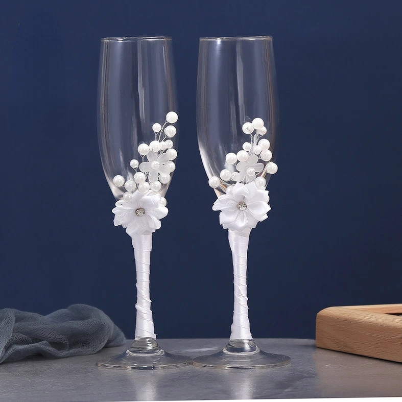 2PCS Wedding Party Red wine champagne pairing glasses Cake knife shovel pearl heavy handmade flower rhinestone decoration