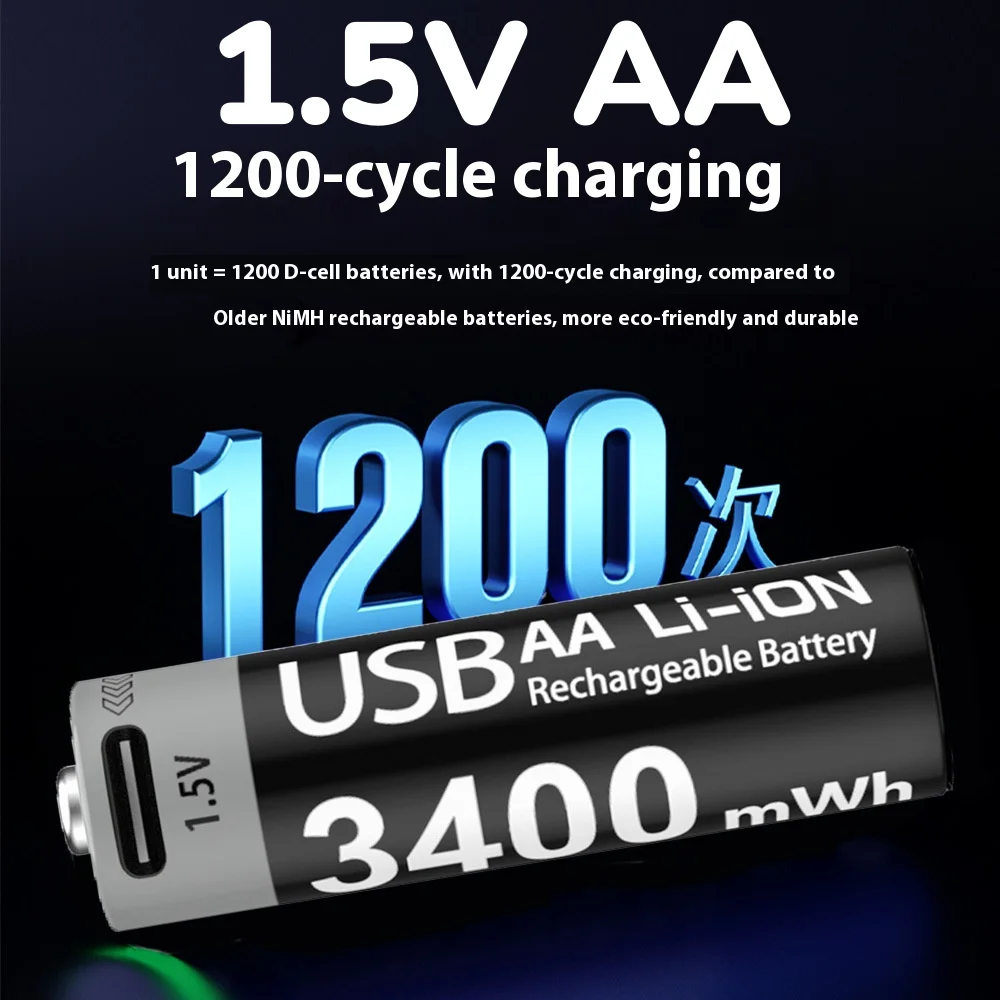 

3400mAh USB-C Rechargeable AA Battery 1.5V Lithium Power Bank with Constant Voltage for Hunting Camera Mouse Remote Control