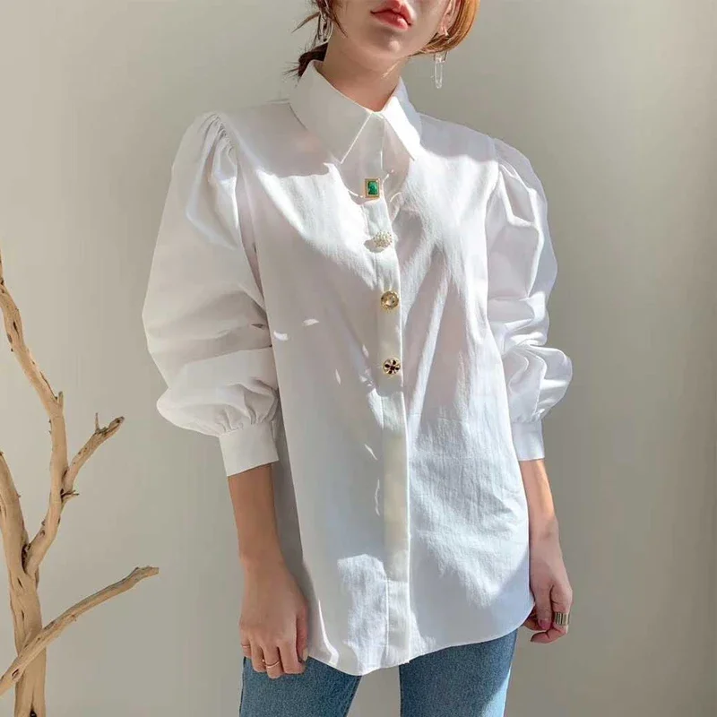 

SuperAen 2021 Spring New Fresh Solid Loose Lantern Sleeve Button Down Turn Down Collar Shirt Women Blouses