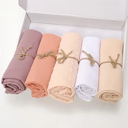 Newest Bubble Chiffon Flocking Hijab Scarf Plain Color Muslim Women Shawls Islamic Elegant Headscarf Stoles Wholesale 5pcs/Box