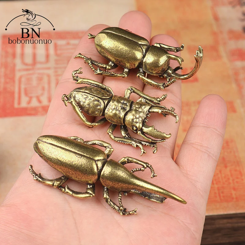 Antique Bronze Beetles Miniature Figurine Small Desk Decorations Vintage Copper Insect Tea Pets Ornament Home Decor Accessories