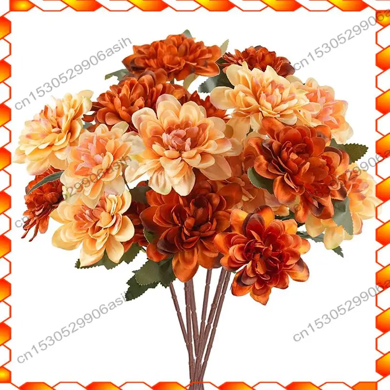 -AT52 6 pezzi di fiori autunnali artificiali, 18 teste di seta finte fiori di mamme fiori di crisantemo finto arancione per la decorazione domestica