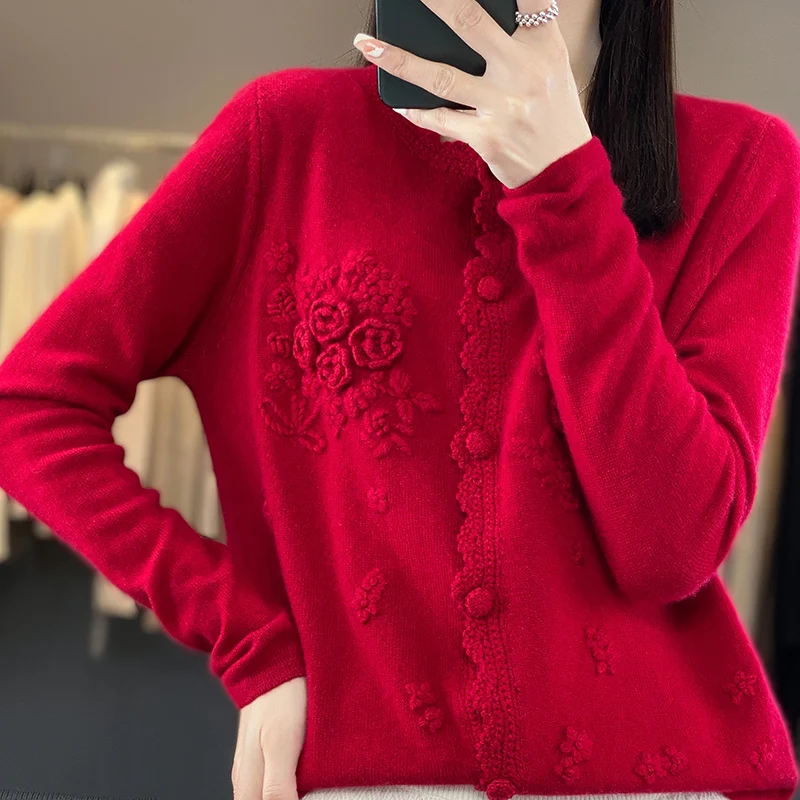 Women\'s 100% Pure Cashmere Cardigan, Round Neck, Hand-Embroidered, Crochet Loose, Lazy Sweater, Knitted Coat, Fall, Winter