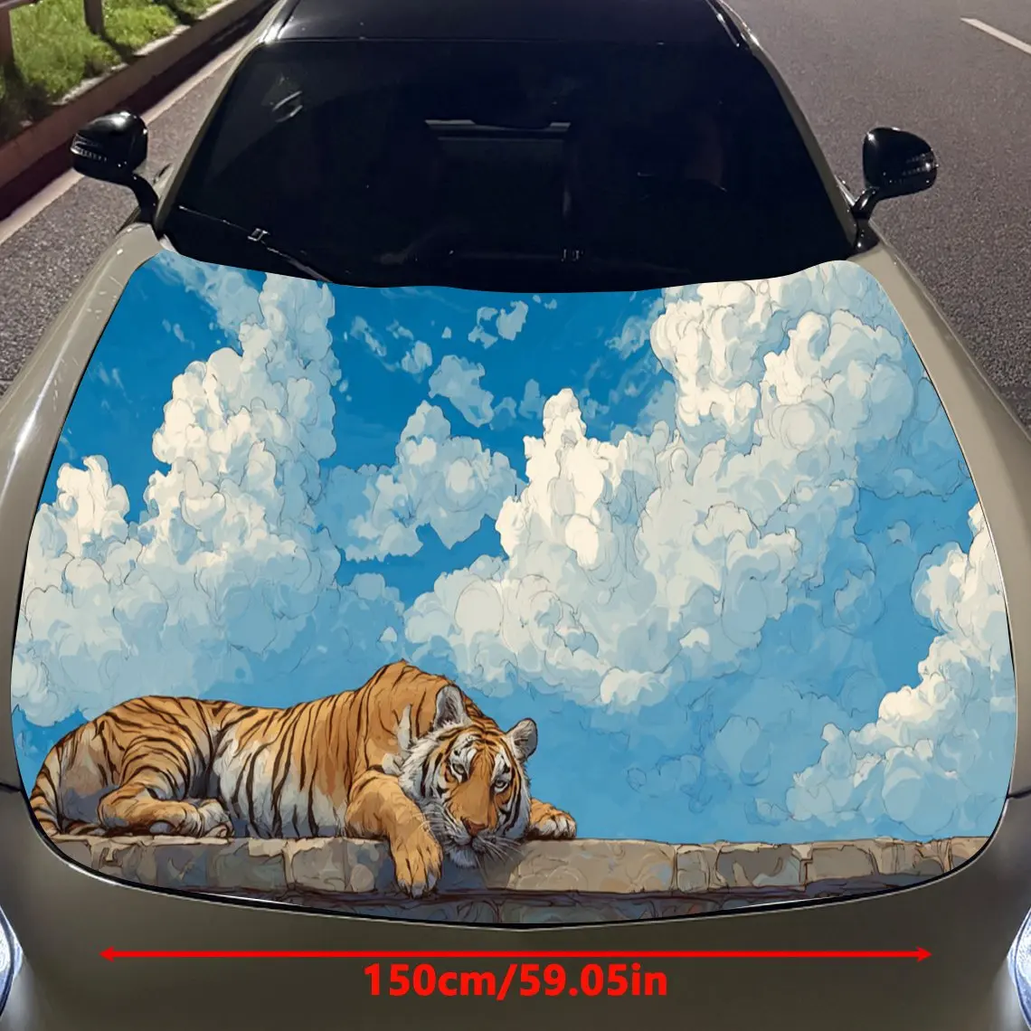 Serene Cloudy Sky Tiger Car Hood Stickers - Self-Adhesive, Waterproof and Durable Vinyl Wrap, Decorate And Protect Your Car, Fit