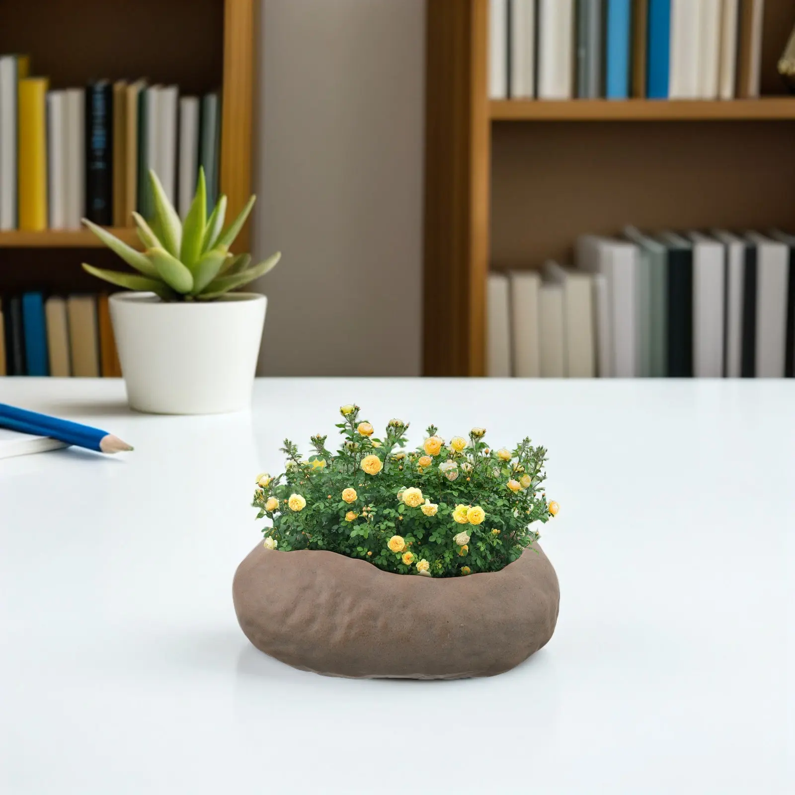 Simulated Stone Ceramic Flowerpot Unique Rock Shaped Desktop Planter Decorative Succulent Container for Home Office Balcony