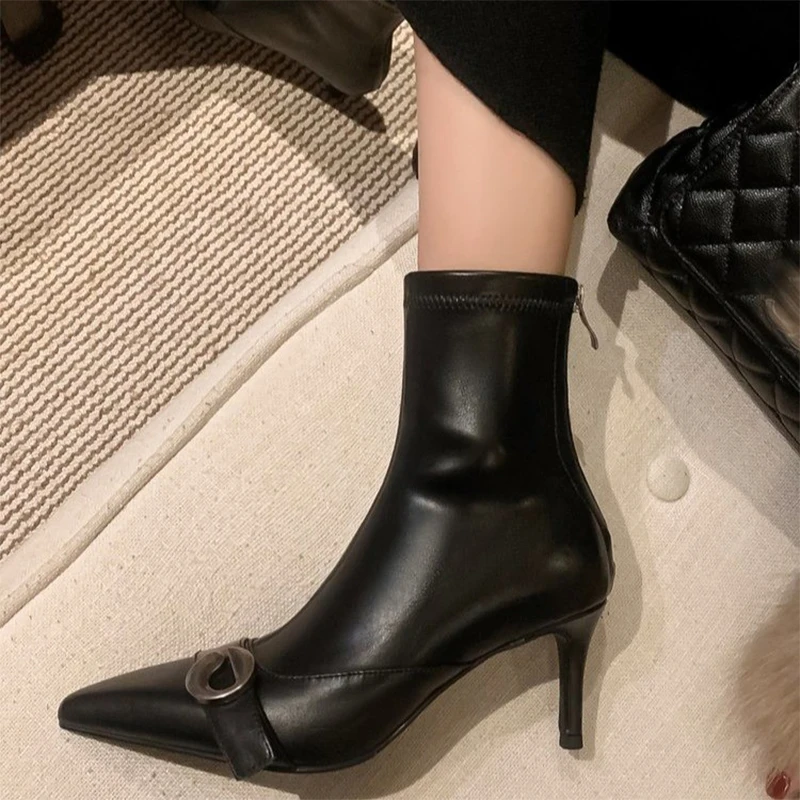 النساء أنيقة حذاء من الجلد ماركة أحذية عالية الكعب أشار تو أحذية بوت قصيرة 2025 الشتاء فساتين راقية مضخات الجلود تشيلسي الأحذية #5