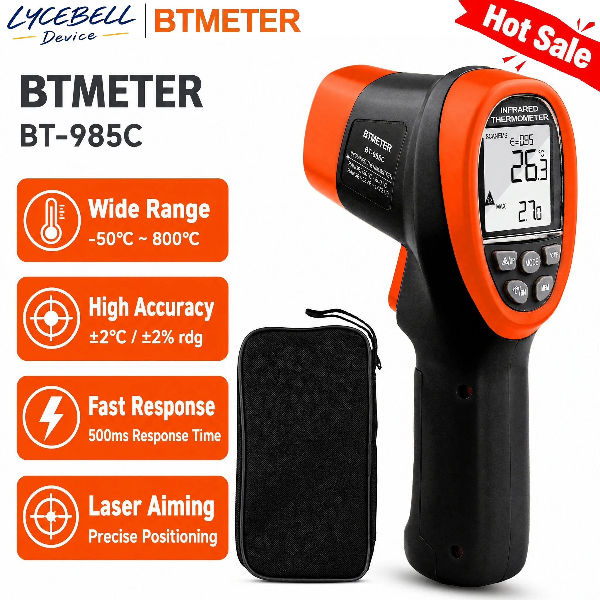 HoldPeak 985C Non-Contact Infrared Thermometer -50℃ to 800℃ Handheld Laser Temperature Gun with Backlight LCD Digital Pyrometer