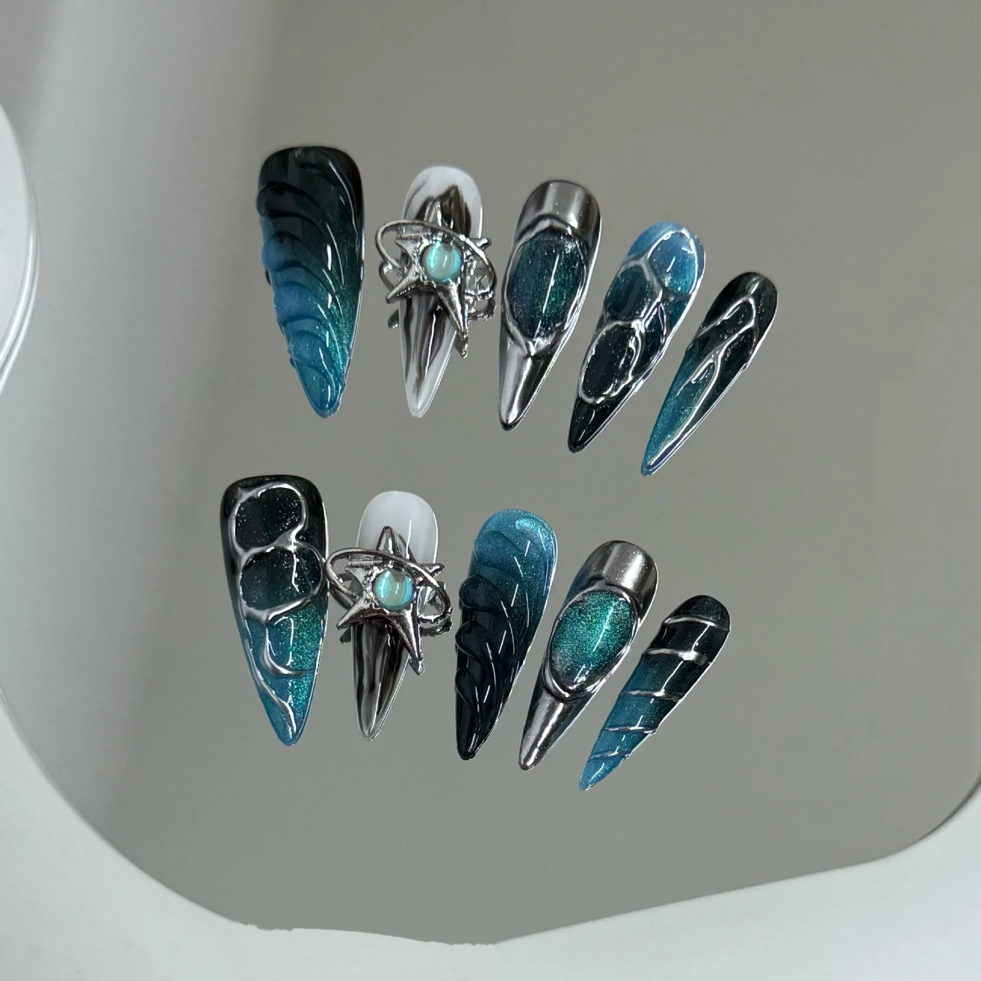 10pcs Handmade Press on Nails Gothic Punk Metal Silver Irregular Lines Fake Nail Tips Wearable Dark Blue Spice Girl False Nails image 3