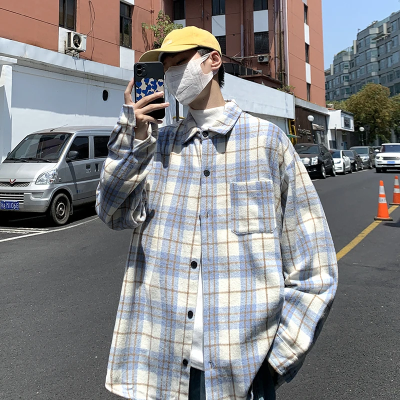 남성용 체크무늬 긴팔 셔츠 루즈핏 얇은 스타일 가을 봄 아우터웨어 자외선 차단 클래식 디자인 무브랜드 청년 패션