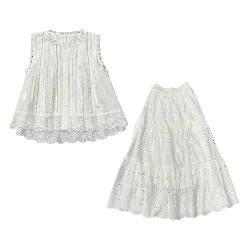 Top ricamato in stile vacanza francese estiva, set da donna in 2 pezzi con gonna a mezza lunghezza, camicia bianca scavata