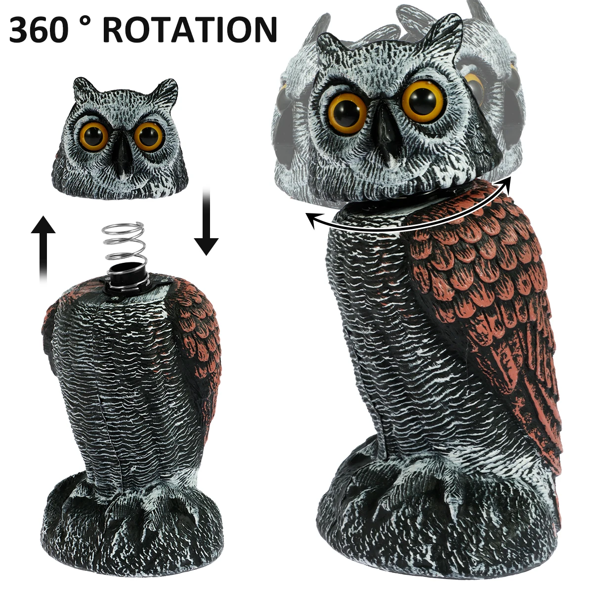 

360° Swivel Head Owl Scare Bird Control Devices Waterproof Fake Owl Scarecrow Decoy Lifelike Simulation Owl Bird Deterrent