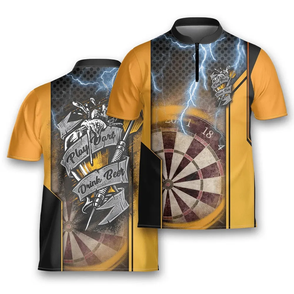 

Fashion men's summer polo shirt Play Darts Drink Beer 3D printed zip polo shirt Unisex casual short sleeved T-shirt top Q009