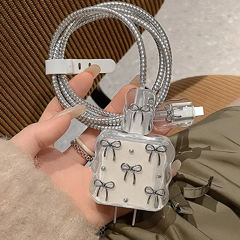 Korean Laser Soft Charger Protector For iPhone 18W-20W US Shining Bowknot Data Line Cover Charger Protection Sleeve Accessories